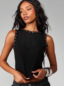 MISSGUIDED Black Ribbed Knit Tank Top With Metal Eyelet Trim Detail For Casual Everyday Wear - Black - View 3