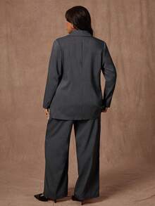 Rustia 大码女式翻领西装外套 + 直筒裤套装，优雅复古休闲办公室两件套，秋冬 - 灰色 - 查看 2