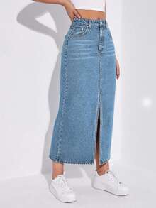 EURMUSE 女式高腰口袋开衩长款直筒休闲牛仔超长裙 - 淺藍色 - 查看 5