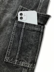 Y2Kool Women's Contrast Stitching Cargo Jeans, Autumn/Winter Streetwear Y2K Style Casual Pants, Suitable For Halloween, Christmas, Back To School Matching Idea Baggy Jeans Y2k Jeans Wide Leg Jeans Black Jeans Denim Pants Stylish Clothing Collection New Year Outfits