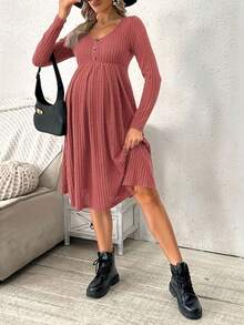 SHEIN Vestido de manga larga con cuello de canalé, botones delanteros y unicolor, para embarazadas, primavera/otoño - Naranja - Ver 6