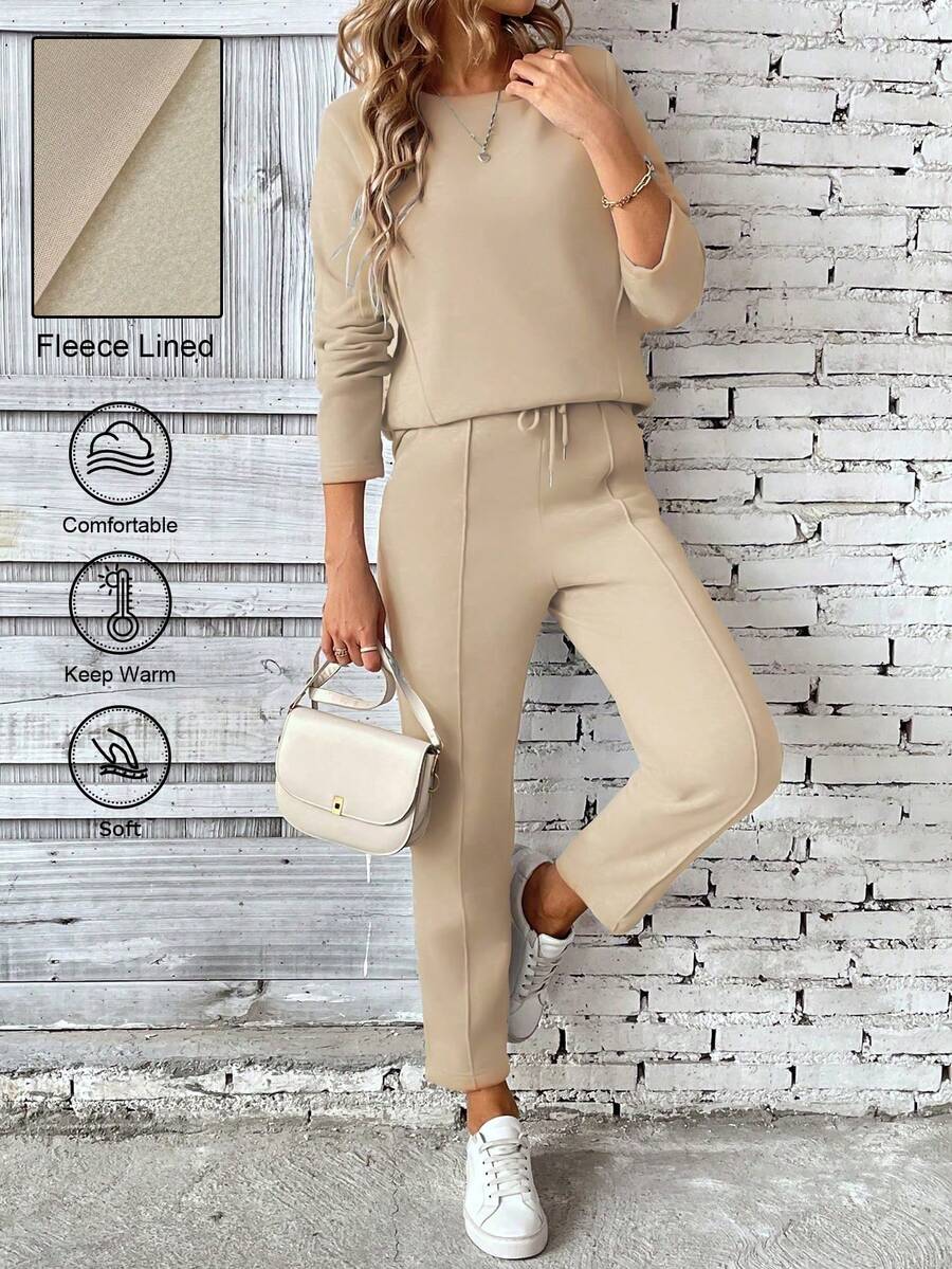 Calvaya Bộ 2 món/Bộ đồ nữ cổ tròn tay dài đơn giản áo thun và quần ống rộng buộc dây phía trước - Màu be - Xem 1