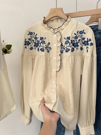 SHEIN Frenchy 女式花卉刺绣荷叶边前扣长袖衬衫