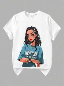 SHEIN Sparklyn مجموعة بنطلون وتي شيرت للبنات المراهقات، تي شيرت بطبعة بورتريه وياقة دائرية وأكمام قصيرة، وبنطلون بجيوب واسع الساق، ملابس عصرية للاستخدام اليومي والخروج - الأزرق - مشاهدة 3