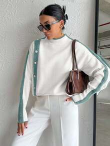 EURMUSE Casual Color Block Stand Collar Sweater, Autumn/Winter - Mint Green - View 6