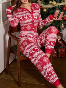 SHEIN 圣诞图案印花长袖女士睡衣连体裤，圣诞睡衣，女士噩梦，冬季 - 彩色 - 查看 4