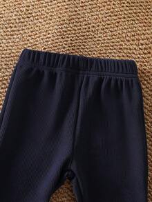 SHEIN 女嬰 0-3 歲 2 件組 甜美條紋長袖假兩件式荷葉邊下擺上衣，附蝴蝶結裝飾與喇叭褲套裝，休閒春秋秋季服飾 - 藍色 - 查看 3