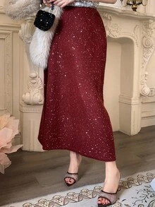 DAZY Women's Elegant Sequin Sweater Skirt, Autumn,New Year,Christmas Winter Women Skirts - Burgundy - View 7