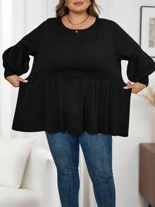 SHEIN CURVE+ Plus-Size Simple Black Long-Sleeved Fitted Waist A-Line Round Neck Sweater For Women In Fall/Winter - Black - View 4