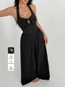 FavEase 女式纯色深 V 领挂脖系腰连体裤，适合所有季节的休闲装 - 黑色 - 查看 1