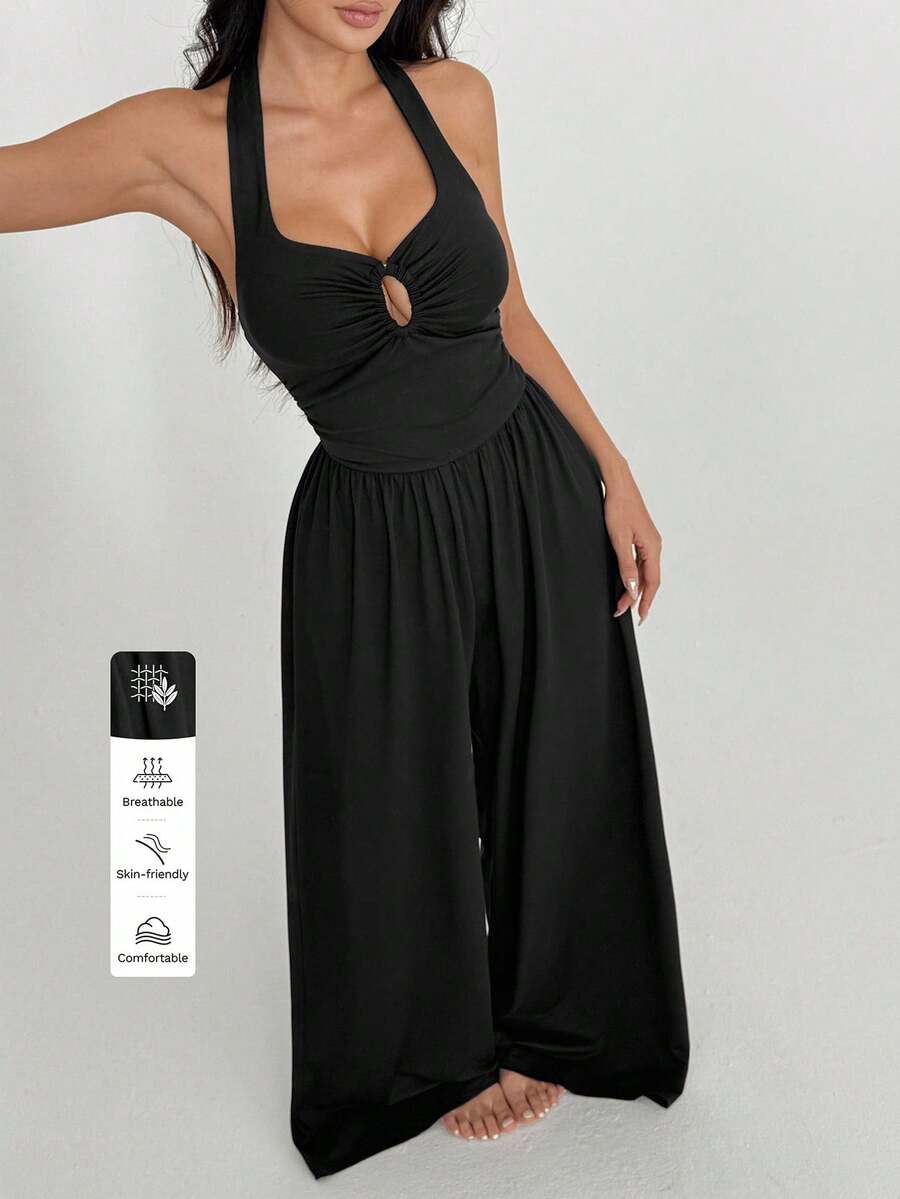 FavEase 女式纯色深 V 领挂脖系腰连体裤，适合所有季节的休闲装 - 黑色 - 查看 1