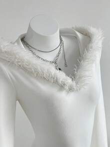 Elamini Furry Deep V-Neck Long Sleeve Hooded Dress, Suitable For Spring, Autumn And Winter - White - View 6