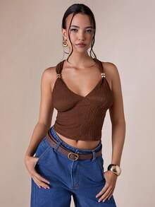 COSMINA Camiseta de mujer con hebilla metálica elegante de cuello en V, versátil para ir al trabajo y uso diario, para todas las estaciones