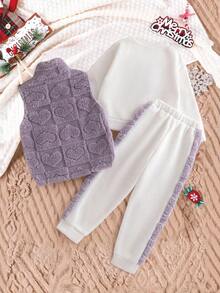3pcs/Set Toddler Girls Winter Outfit,Heart Embroidery Ribbed Sweatshirt,Furry Trim Sweatpants,Zip-Up Plush Vest,School,Back-To-School,Winter Clothes - Multicolor - View 2