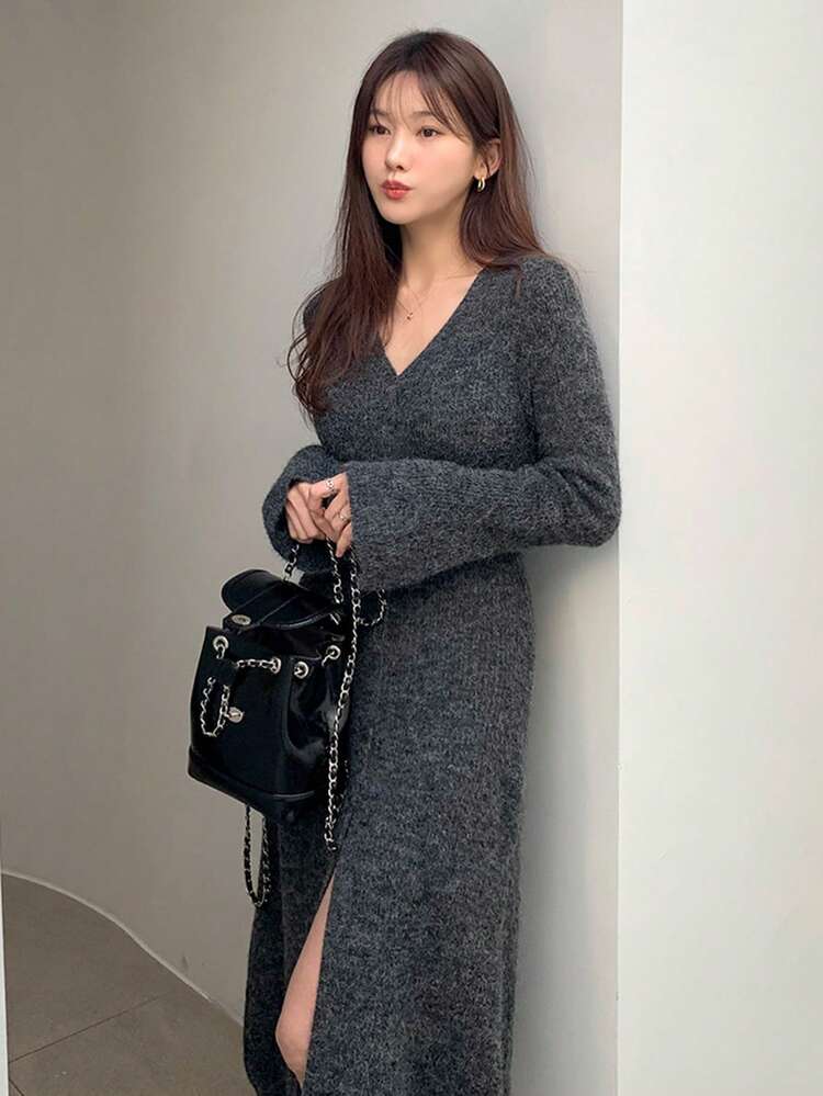 Oversized V-Neck Single-Breasted Long Cardigan Sweater Dress For Women, French Elegant Style