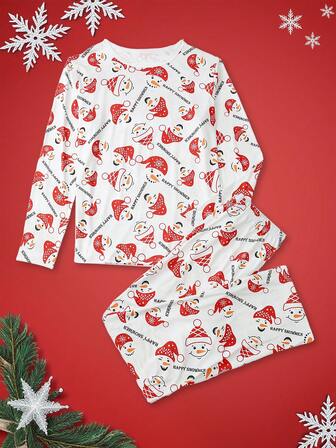 NotGurli Conjunto de pijama de pantalón y camisa de manga larga con estampado completo de ilustración plana de elementos navideños y Papá Noel, ropa de otoño
