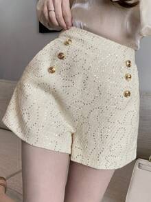 DAZY Solid Color Studded Sequin Design Women's Fashion Shorts - Apricot - View 1