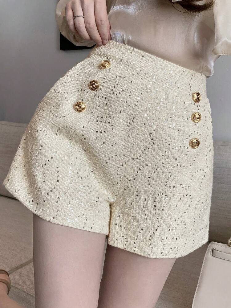 Solid Color Studded Sequin Design Women's Fashion Shorts