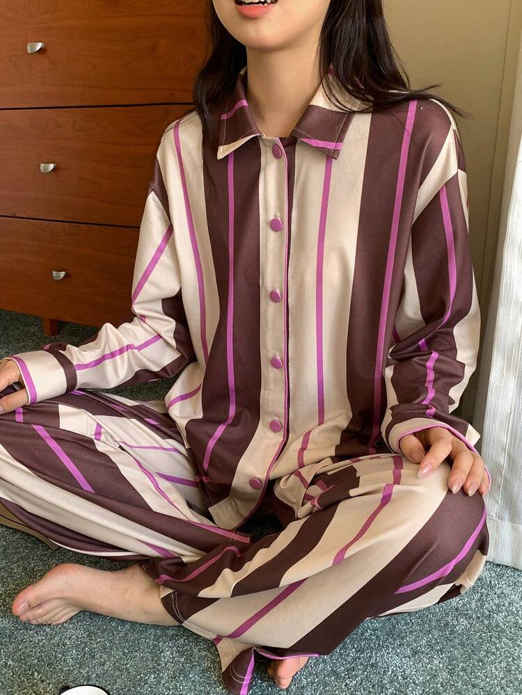 Women's Striped Loose Pajama Set, Autumn/Winter Fall Clothes