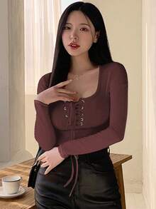 DAZY Women's Solid Color Fitted Lace-Up Long Sleeve T-Shirt - Burgundy - View 3