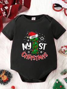 SHEIN Merry Christmas Infant/Toddler Boys Fashionable Cartoon Cute Kawaii Santa Hat Christmas Atmosphere Decorative Creative Letter Slogan Graphic Basic Round Neck Short Sleeve Bodysuit Suitable For Christmas Party - Black - View 4