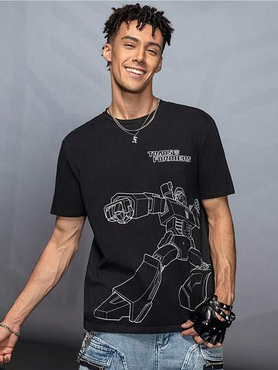 Transformers X SHEIN Men's Casual Everyday Commute Cartoon Robot & Letter Graphic Short Sleeve Black T-Shirt, Summer