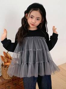 DAZY 女童圆领网纱拼接韩版长袖T恤，秋冬款