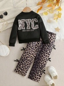 2pcs/Set Young Girls Fashion Black Zipper Jacket Paired With Side Bow Leopard Print Wide Leg Pants, Autumn/Winter - Black - View 1