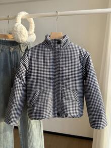 SHEIN 女童休闲蓝色格子短款立领棉衣，百搭秋冬 - 藍白色 - 查看 4