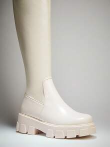 Solezae Women's Thick Platform Over The Knee Stretchy Heeled Boots - 米色 - 查看 3