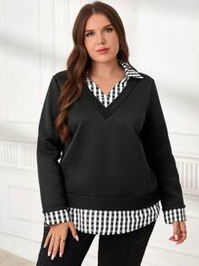 EMERY ROSE Plus Size Women Plaid Patchwork Long Sleeve Casual Sweatshirt, Autumn New Year Look  Plaid Sweatshirt Maija Fall Winter 2025 Fall/Winter Party Elegant Dress Women Black Top - Black - View 6