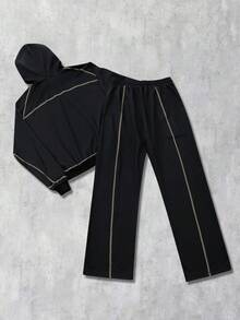 ROMWE MEN 2pcs Men's Hooded Sweatshirt Set With Sweatpants, Suitable For Casual Wear In Autumn/Winter - Black - View 2
