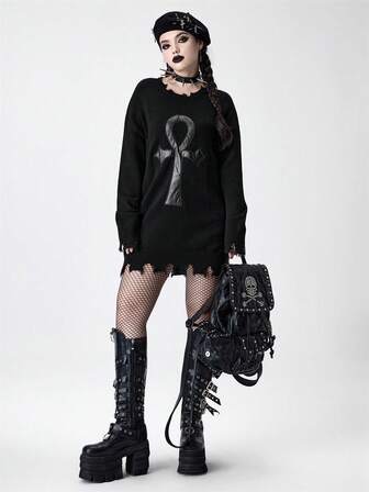 Maglione da donna con simbolo Ankh gotico ricamato e design consumato