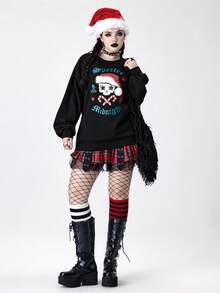 ROMWE Goth 女式哥特式圣诞字母和骷髅印花毛绒拼布圆领运动衫 - 黑色 - 查看 8