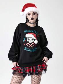 ROMWE Goth 女式哥特式圣诞字母和骷髅印花毛绒拼布圆领运动衫 - 黑色 - 查看 4