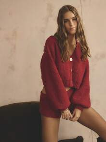 Aralina Red Autumn Casual Lounge 2pcs Knitted Fluffy Cardigan Set,Balloon Sleeves Button Down Top & Micro Shorts Matching Set,Cosy Christmas Sleepwear Pajamas - Red - View 8