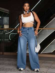 RueChic Calça jeans feminina plus size cintura alta bolsos perna larga solta casual versátil - Baby Azul - Ver 4