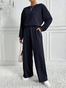 SHEIN Tall 2件組海軍藍秋季女款運動套裝，極簡休閒居家服，寬鬆圓領衛衣搭配寬腿運動長褲，街頭風，適合高個女性 - 藏蓝色 - 查看 5