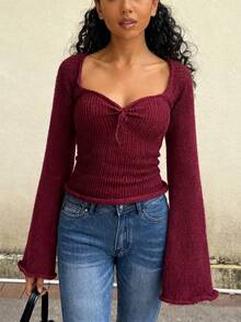 Jouncy Women Solid Color Knotted Off Shoulder Elegant Long Sleeve Sweater Knit Pullover Fall Winter - Burgundy - View 3