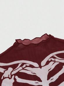 ROMWE Gothic Skeleton Flocked Sexy Sheer Mini Dress For Women