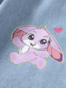 SHEIN ChillGRL Young Girls Casual Fashion Sweet Rabbit Print & Bowknot Design Mid-Blue Washed Straight Leg Jeans, Cute Girls Versatile Denim Item - Medium Wash - View 6