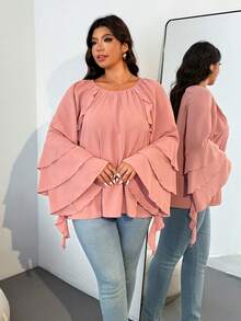 Enliva Áo kiểu tay dài dáng rộng có bèo nhún dành cho nữ cỡ lớn Jennifer Samantha Style, phù hợp với dáng người tròn trịa, thích hợp cho Ngày Valentine, Tình yêu, Quà tặng, Lãng mạn, Chúc mừng Ngày Valentine, 2026, Năm mới - Hồng - Xem 4