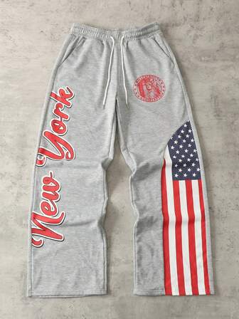 Street Life Herren Loose Fit Jogginghose mit US-Flaggen Muster, Retro Straßen-Stil