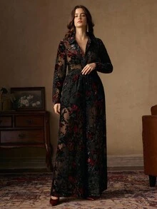 Anewsta 2件套女士优雅花卉刺绣长袖衬衫和裤子套装 - 酒紅色 - 查看 6