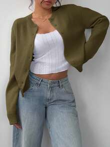 SHEIN BASICS Casual Solid Color Round Neck Long Sleeve Loose Cropped Women Sweater Cardigan Autumn Winter Clothes For Women - Army Green - View 5