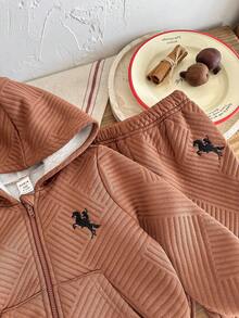 LMoss Kids LMoss 2pcs Baby Boy Knitted Solid Color Embroidered Hoodie Jacket And Pants Set, Long Sleeve, Cozy Fall & Winter Styles, Clothes, Baby Boy Clothes, Winter Set - Brown - View 5