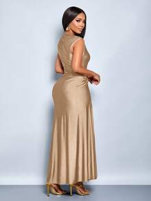 SOLERSUN Women's Elegant, Solid-Color, Fitted Dress With Metallic Embellishments Is Perfect For Winter And Spring Occasions, Including Everyday Commutes, Shopping, Parties, Gatherings, And Valentine's Day Dates. - Khaki - View 2