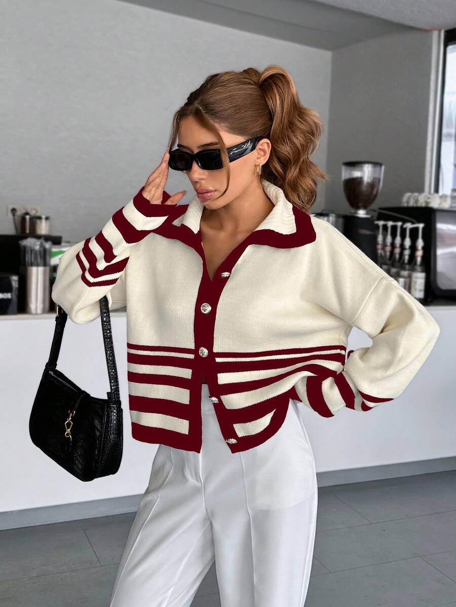 SHEIN Women Stripe Pattern Front Button Collar Neck Cardigan - Burgundy - View 1