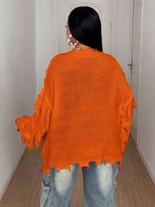Maweii Plus Size Women's Y2k Solid Color V-Neck Tattered Long-Sleeved Sweater,Autumn,Solid Color, Orange,Red,  Design Sense, Loose And Casual, Christmas,Party,Halloween, Punk,  Women's Daily Commuting Top, Autumn , Spice Girl Knitted Sweater,Winter,Summer,Spring/Fall - Orange - View 2
