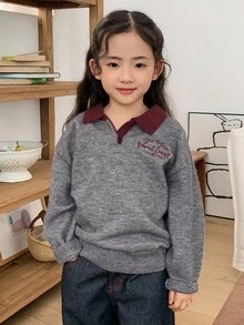 DAZY Jeune fille Tricot décontracté avec broderie de lettre et col contrastant, Automne/Hiver - Gris - Voir 4